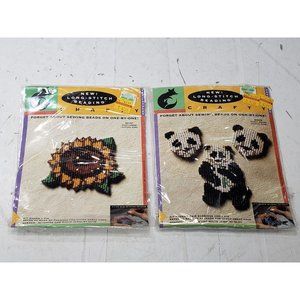 Crafty Long-stitch Beading Craft Kit Sunflower Panda Bear Earrings Brooch Vtg